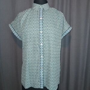 Max Studio Cottagecore Modest Short Sleeve Green Print Button Down Blouse Top  M